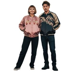 Rare Reversible Sukajan‎ Bomber: Skeleton Skull & Sakura Embroidery XS Y2K Mint